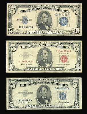 #ad Set of 3 $5 Dollar Bills 1934 1953 and 1963 US Notes and Silver Certificates $33.99