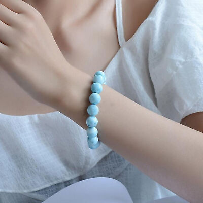 #ad 10mm Natural Blue Larimar Round Beads Water Pattern Bracelet 7.5 quot;