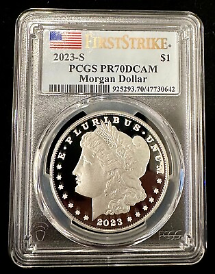 #ad 2023 S Proof Morgan Silver Dollar PCGS PR70DCAM First Strike Flag Label with OGP