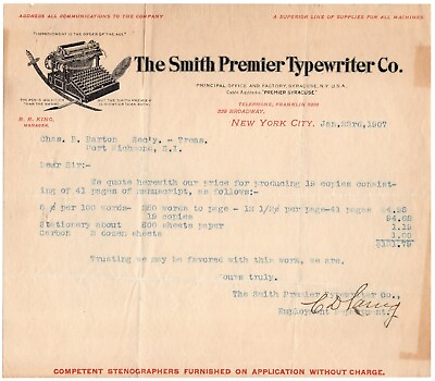 #ad 1907 Smith Premier Typewriter Letter Antique Graphic Letterhead Vtg Ephemera d