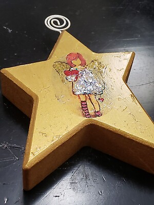 #ad 6.5quot; Golden wooden 3D Christmas star with Child Angel Sparkley