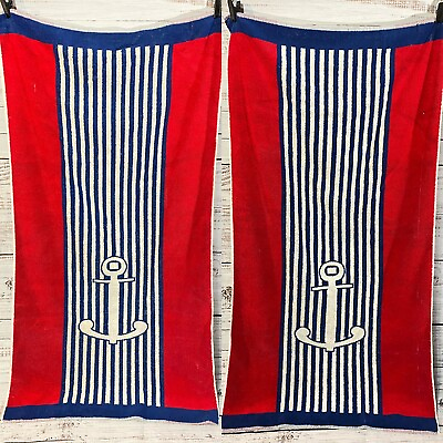 #ad 2 Vintage Fieldcrest Towels Nautical Anchors Stripes Bath Beach Towel Set USA