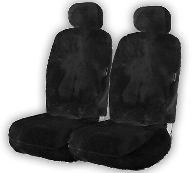 #ad Black Genuine Sheepskin Seat Cover 2 PK Universal Fit Car Full Seat Furry Cover