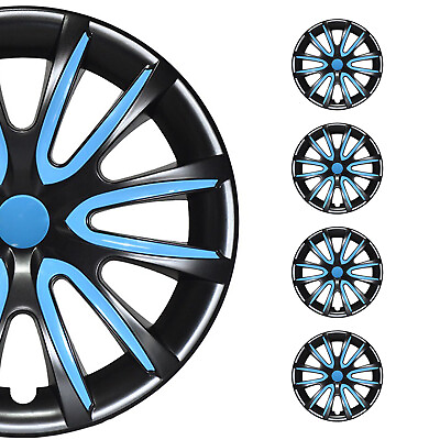 #ad 15quot; Inch Hubcaps Wheel Rim Cover Glossy Black with Blue Insert 4pcs Set