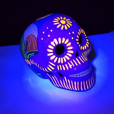 #ad Hand Painted Day of the Dead Skull Figure Hand Painted UV Glow Large Signed 5.5quot;