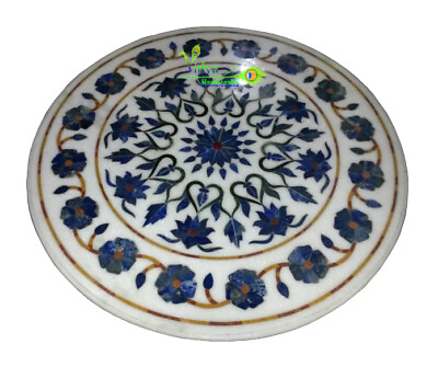 #ad 24quot; White Marble Dining Table Top Lapis Lazuli Gems Inlay Work Home Decor Polish