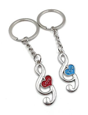 #ad Keychain Pair Pendants Liebe Note Treble Clef Blue Red Silver Chain