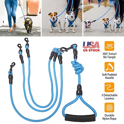 #ad 3 Way Nylon Dog Leash Triple Pet Coupler Lead for 3 Dogs Walk with Handle 4.6ft