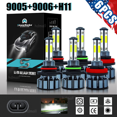 #ad 4 Sides 9005 9006 H11 LED Combo Headlight High Low Beam Bulb White Fog Light Kit