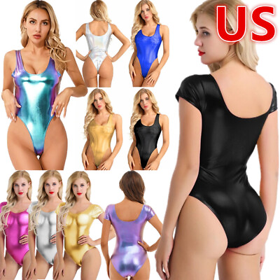 #ad US Women Shiny Metallic One Piece Bodysuit High Cut Thongs Leotard Top Clubwear