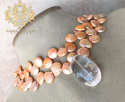 #ad Peach Pastel Coin Pearl Rock Quartz Gem Bubble Pendant Bridal Statement Necklace