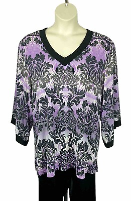 #ad Dana Buchman Tunic Blouse Size XL Purple Black Kimono Sleeve Side Slit Office