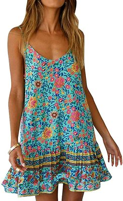 #ad Womens Boho Floral Printed Dress Summer Sleeveless Adjustable Strap Beach Mini D