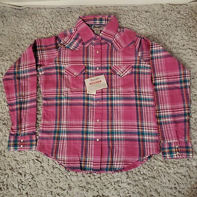 #ad Wrangler Wrancher Women Plaid Flannel Top MEDIUM NWT Pearl Snap Western Pink