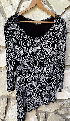 #ad MARISOL Travel Knit Tunic Top Size L XL Black White Asymmetric Hem Excellent