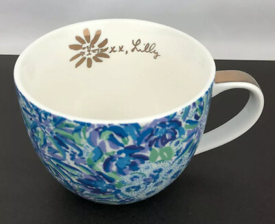 #ad LILLY PULITZER “High Maintenance” Blue Floral Ceramic Mug Gold Trim amp; Signature