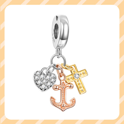 #ad Women S925 Triple tone Cross Heart amp; Anchor Dangle Necklace Bracelet Charm