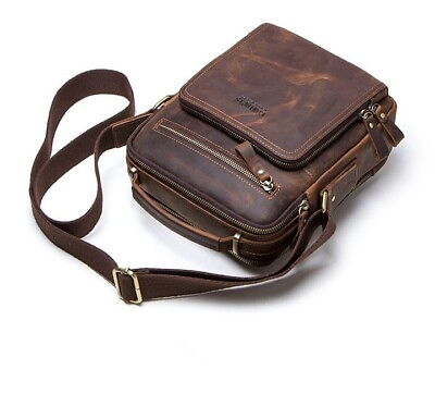 #ad Crazy Horse Cow Leather Men Shoulder Bag Messenger Crossbody Bag Zipper Pocket