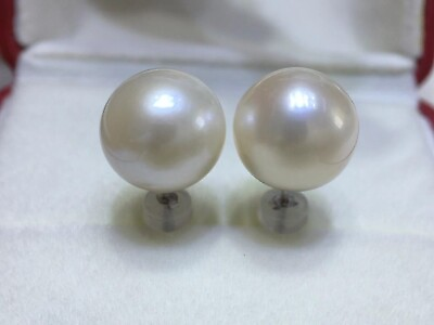 #ad AAA11 12mm Natural Round South Sea White Pearl Earrings 18k