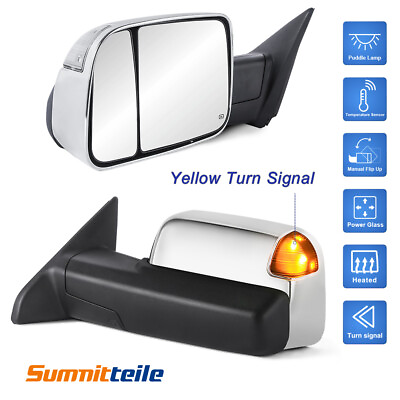 #ad Chrome Tow Mirrors W White Running Lamp Temper Sensor For 2009 18 Ram 1500 2500