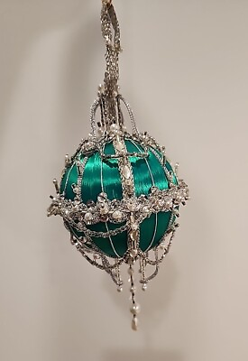 #ad Retired Cracker Box MINUET Bead Sequin Ornament Handmade Green Christmas