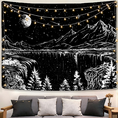 #ad Black and White Tapestry Starry Night Mountain Tapestries for Bedroom Aesthetic