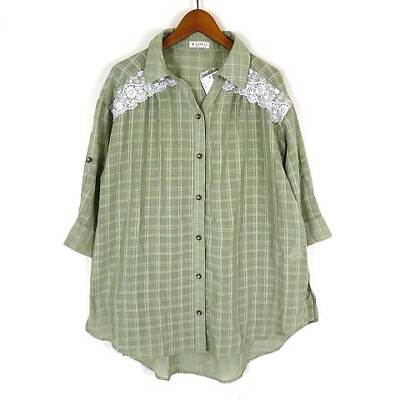 #ad Axes Femme Sheer Check Long Shirt Blouse Lace Embroidery Skipper Tail 3 4 Sleeve