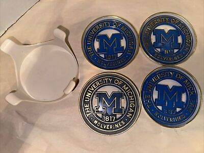 #ad University of Michigan Wolverines 4 Coaster Set Holder Insert Removable 1975