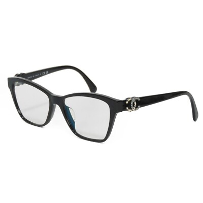 #ad CHANEL #1 Glasses Cat#x27;s Eye Shape Logo Clear Black Strass Calf Black Rim