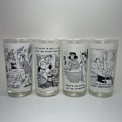 #ad VINTAGE Lot Of 4 Highball Drink BARWARE TUMBLERS GLASSES Funny Risqué