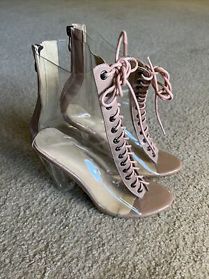 #ad Clear Womens 4” Heels Solid Bottom Rose Pink Size 9.5 w Zipper amp; Laces