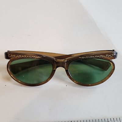 #ad Vintage 1950#x27;s CAT EYE Sunglasses Brown w Gold Details Acetate Green Lenses