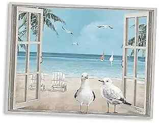 #ad Beach View With Window Art Coastal Bird Pictures Window View Canvas Wall Art