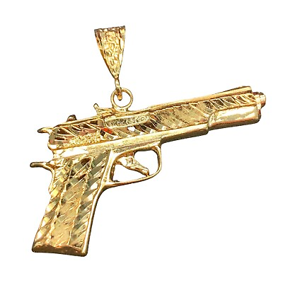 #ad Mens 14K Gold Plated GP Handgun Pistol Pendant Semi Automatic Gun ￼1.5”