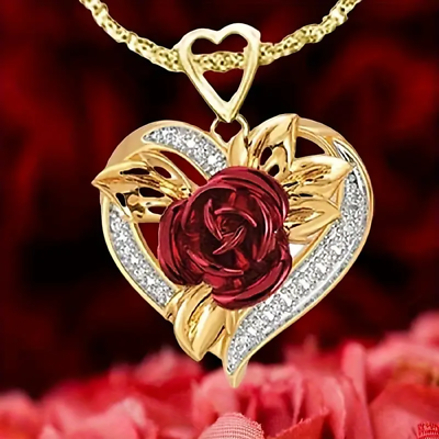 #ad Women Heart shaped Red Rose Flower Pendant Necklace Holiday Party Fashion New