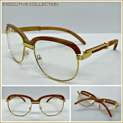 #ad Men Classy Elegant Sophisticated RETRO Style Clear EYE GLASSES Gold amp; Wood Frame