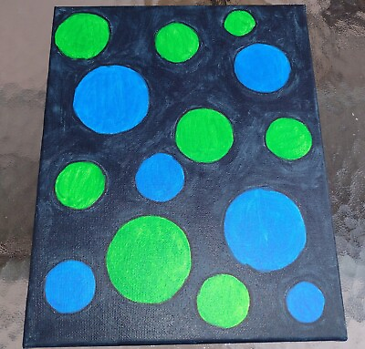 #ad Handpainted Green Blue Circles Original Acrylic Painting On Canvas 8x10quot;