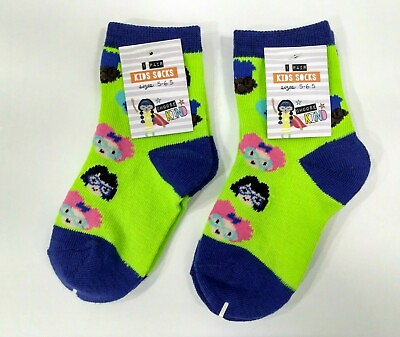 #ad 2x Girls Socks Size 5 6.5 with Little Faces Green amp; Blue Silly Sock Day 2 Pair