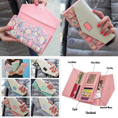 #ad Women#x27;s Floral Envelope Wallet Leather Clutch Bag Long Card Holder Purse Handbag