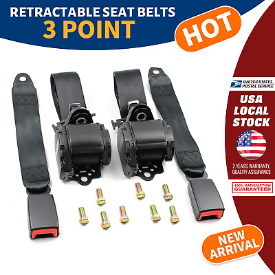 #ad 2PCS 3 Point Black Universal Car Strap Retractable amp; Adjustable Safety Seat Belt