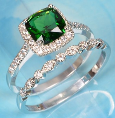 #ad Beautiful New Women’s Cubic Zirconia Simulated Emerald 2 Ring Wedding Set Size 7