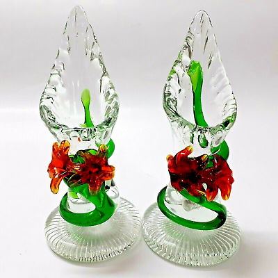 #ad Pair Glass Vintage Candle Holders Vase Vases Lily Shaped Orange Green Stunning