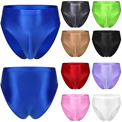#ad Men#x27;s Oil Silky Sissy Panties High Waist Swim Bikini Briefs Glossy Underwear $7.63