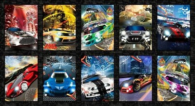 #ad Fast And Wild Cars Cotton Fabric Racing Muscle Studio E By the Panel 23 By 44