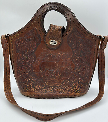 #ad Vtg Womens Brown Tooled Leather Shoulder Bag Purse Laced Trim Top Handle amp; Strap