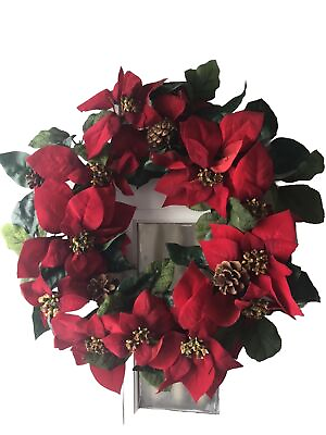 #ad POINSETTIA PINECONE WREATH CHRISTMAS WREATH WITH BOW MEASURES 18” B41
