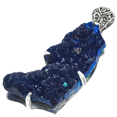 #ad 925 Sterling Silver Rare Sparkling Blue Azurite Druzy Sterling Pendant 2 3 4quot;
