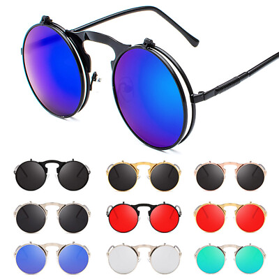 #ad Vintage Round Flip Up Sunglasses John Lennon Style Retro Metal Circle Glasses