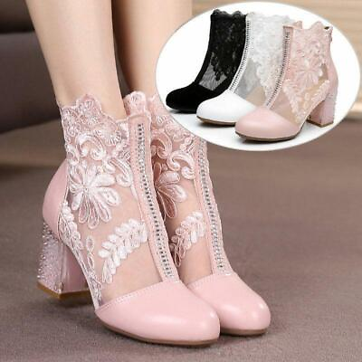 #ad Rhinestone Womens Lace Ankle Boots Flower Sandals Block Heel Pumps Shoes Fashion