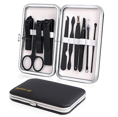 #ad 10pcs Black Manicure Set Travel Nail Clippers Kit Pedicure Care Tools Fits Gift